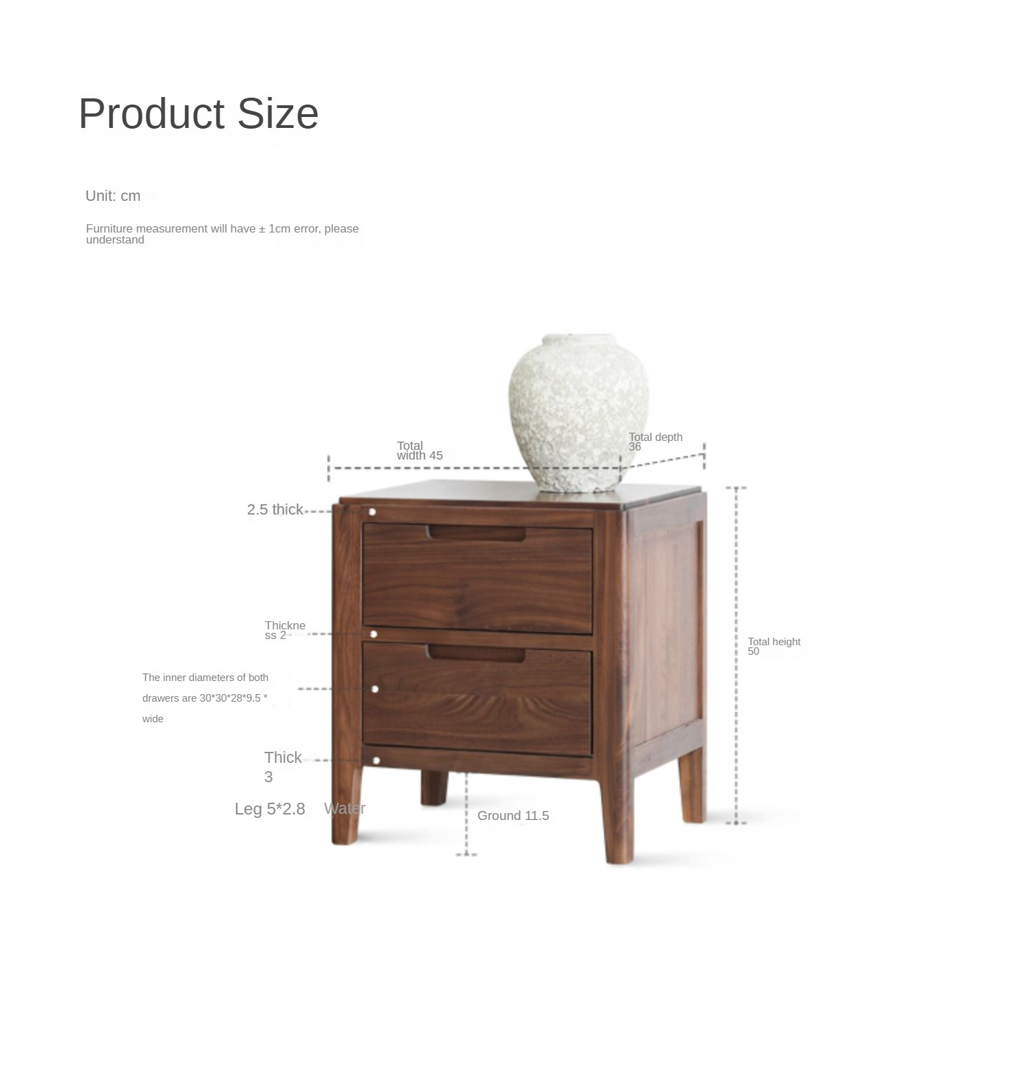 Black walnut solid wood two drawers nightstand"