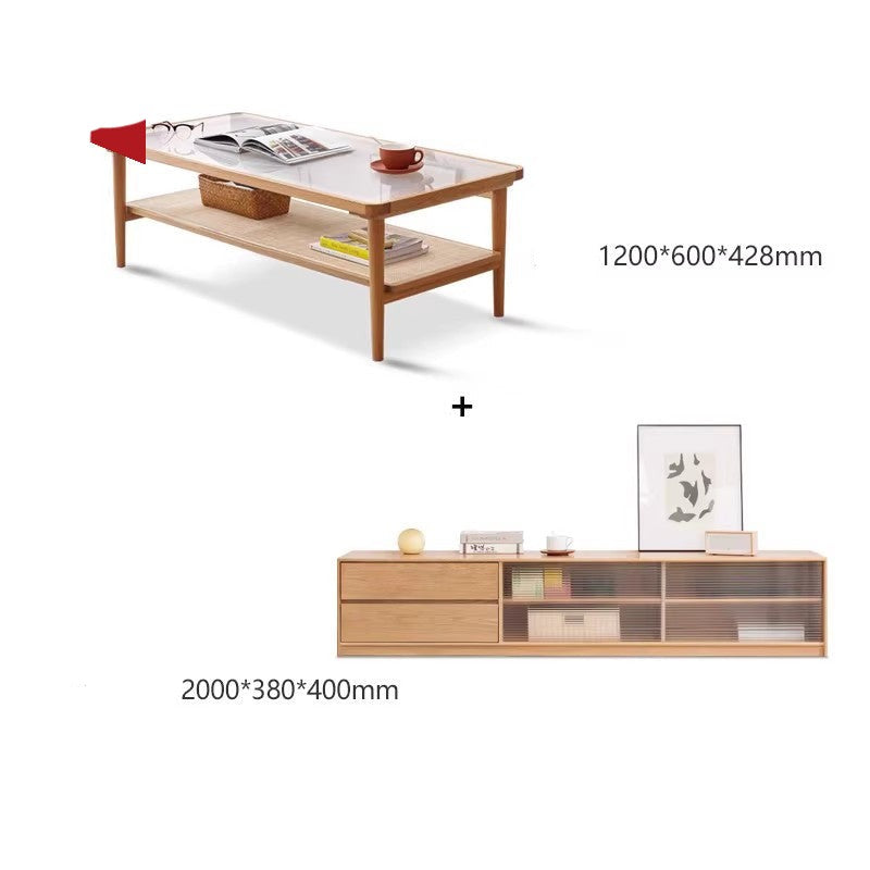 Coffee table tempered glass, rattan Oak solid wood"