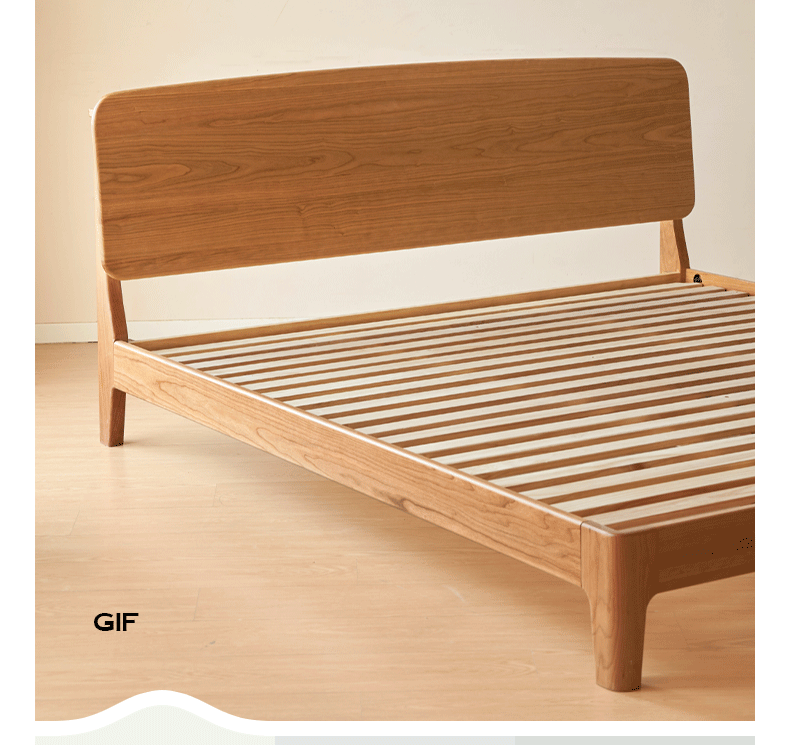 Cherry Solid Wood Bed — Retro Simple Luminous Bed with Charging and Storage