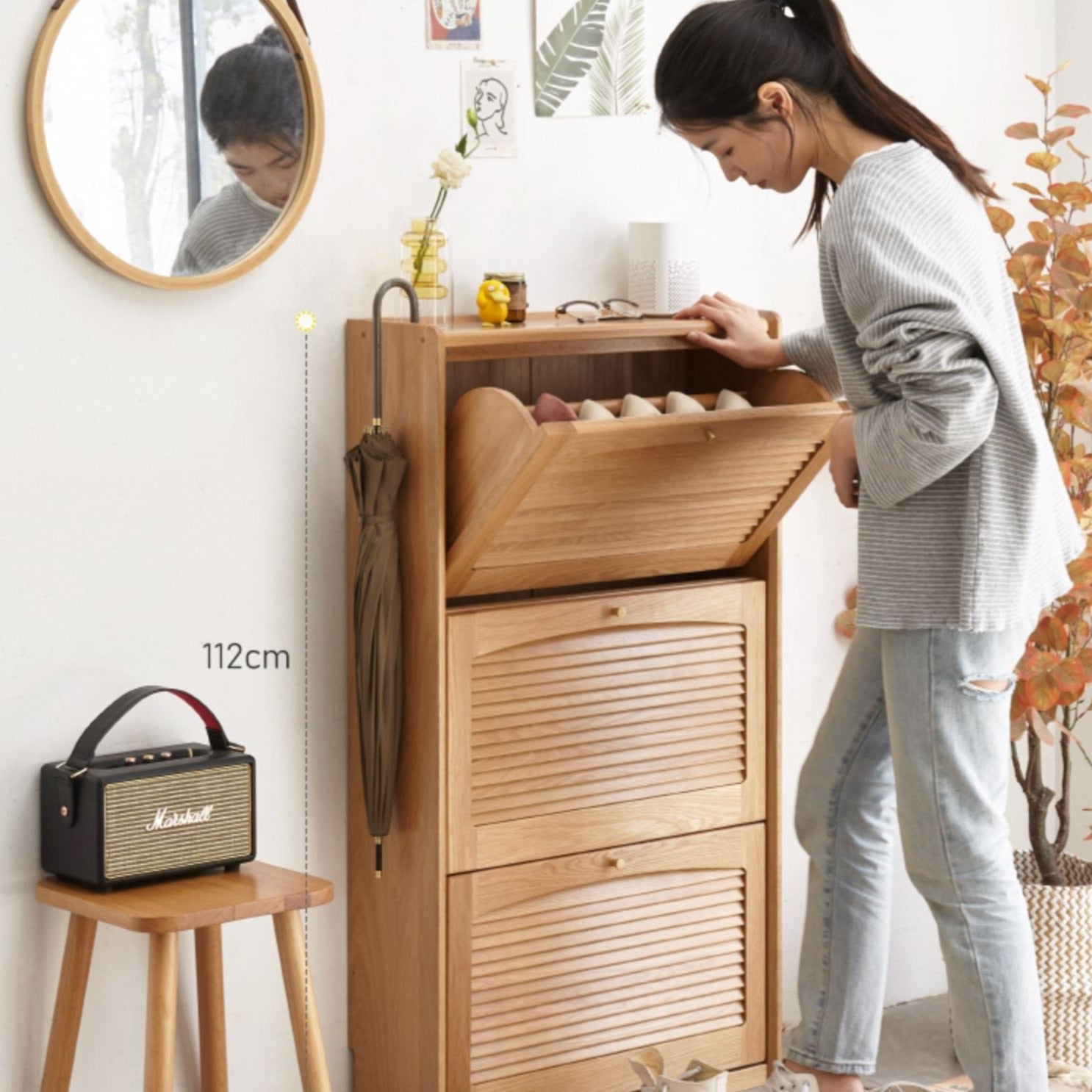 Oak solid wood narrow shoe cabinet-thin porch cabinet: