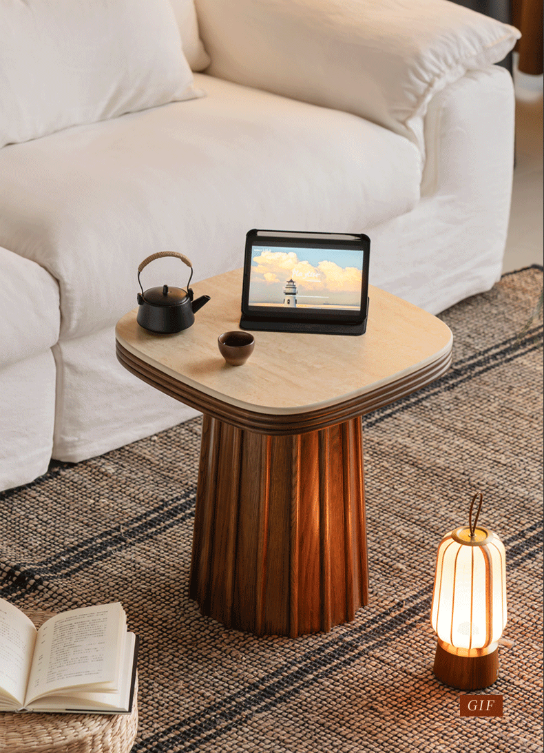 Oak Solid Wood Square Side Table with Silent Style and Rock Slab Design