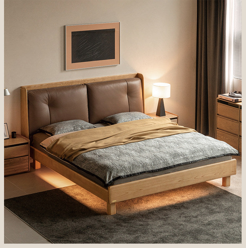 Ash Solid Wood Upholstered Floating Platform Bed with LED Lights