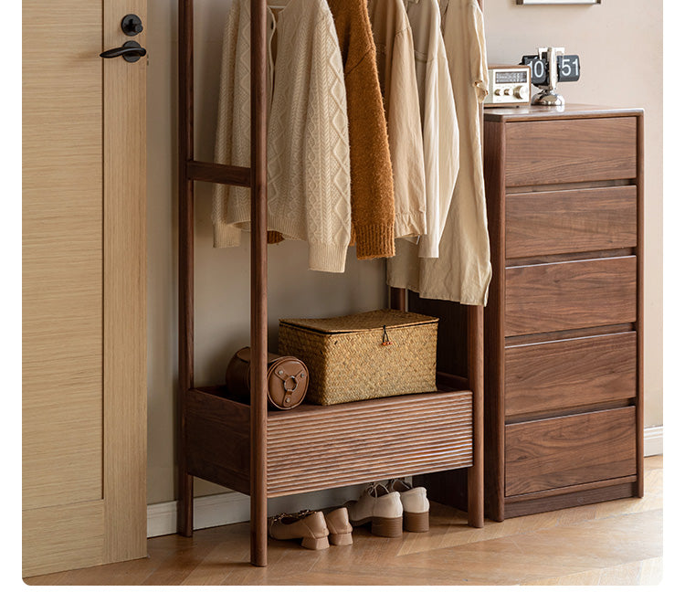 Black Walnut Solid Wood Floor to Floor Clothes Storage Rack<