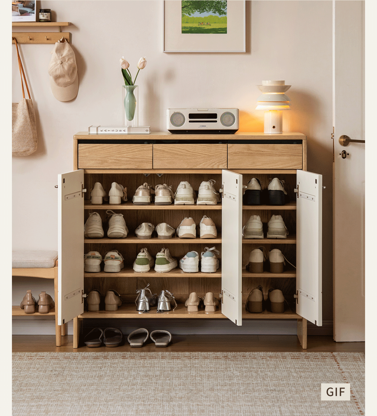 Oak Solid Wood Large Capacity Shoe Storage Cabinet with Fluted Panel Doors and Adjustable Shelves