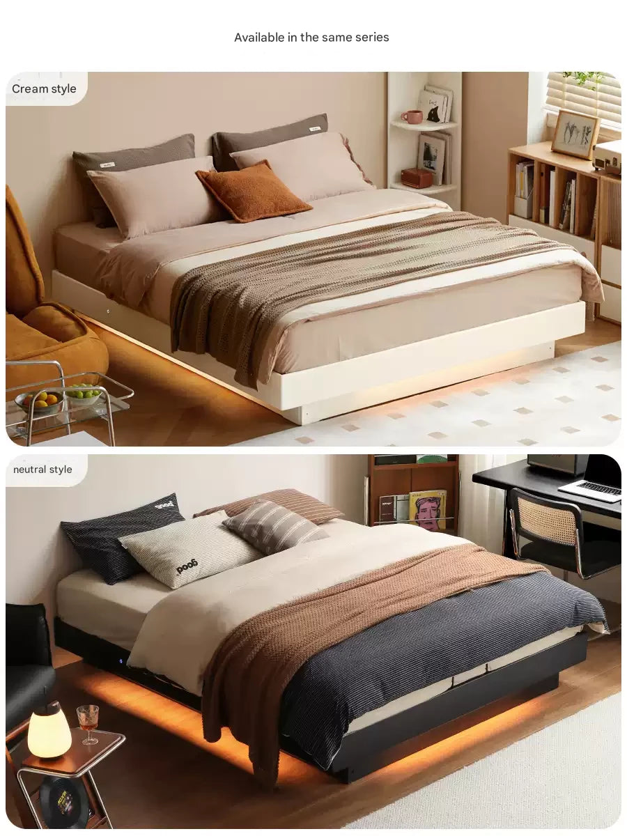 Poplar Solid Wood Retro Platform Box Bed, Headboard-Free Bed with light