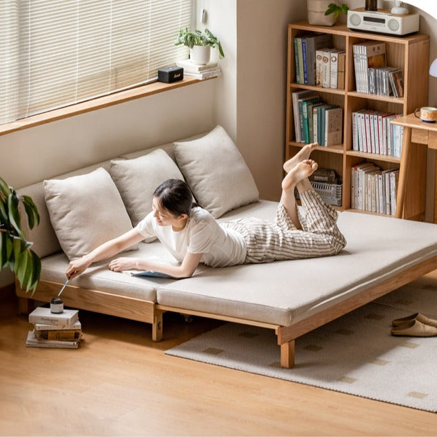 Nordic solid wood sofa bed small apartment multi functional folding bed living room dual use tatami push pull bed