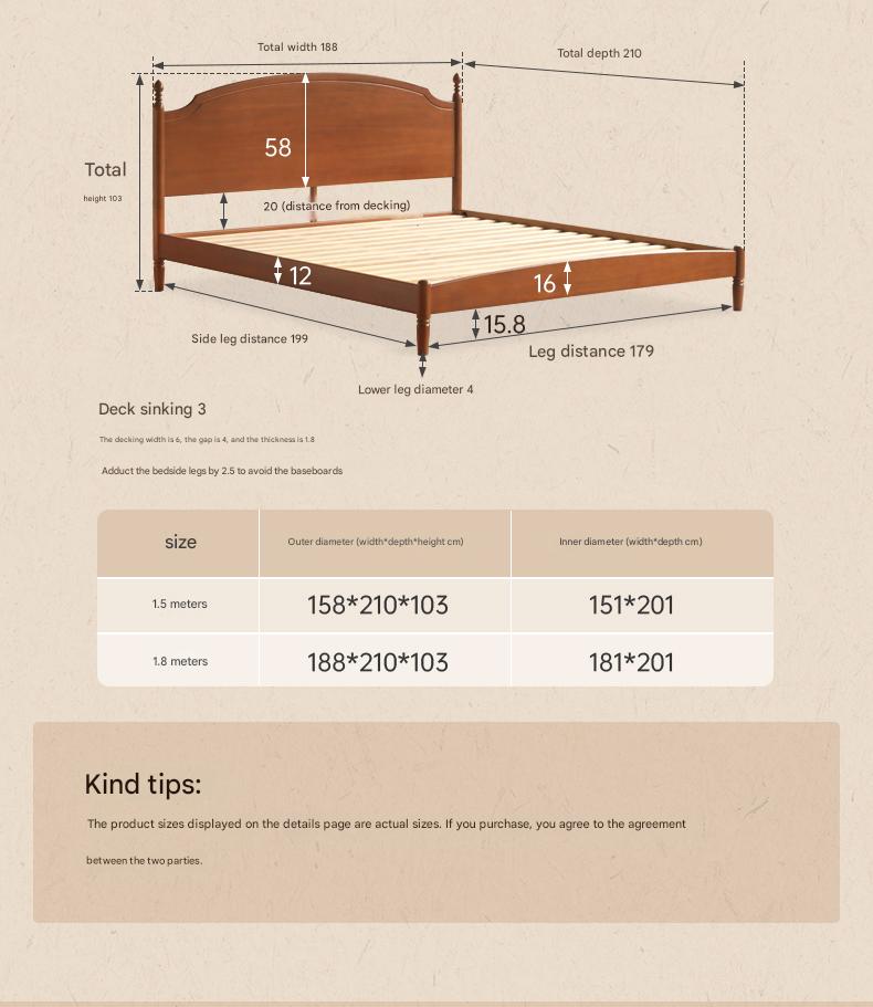 Poplar, Cherry Solid Wood French Retro Large Board Bed