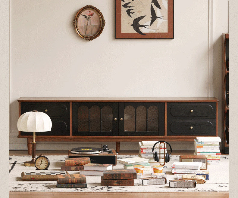 Black Walnut, Ash Solid Wood TV Cabinet with Integrated Storage, Vintage Style Floor Cabinet