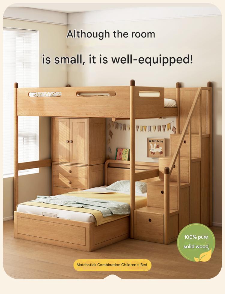 Oak solid wood Loft bed with cabinet