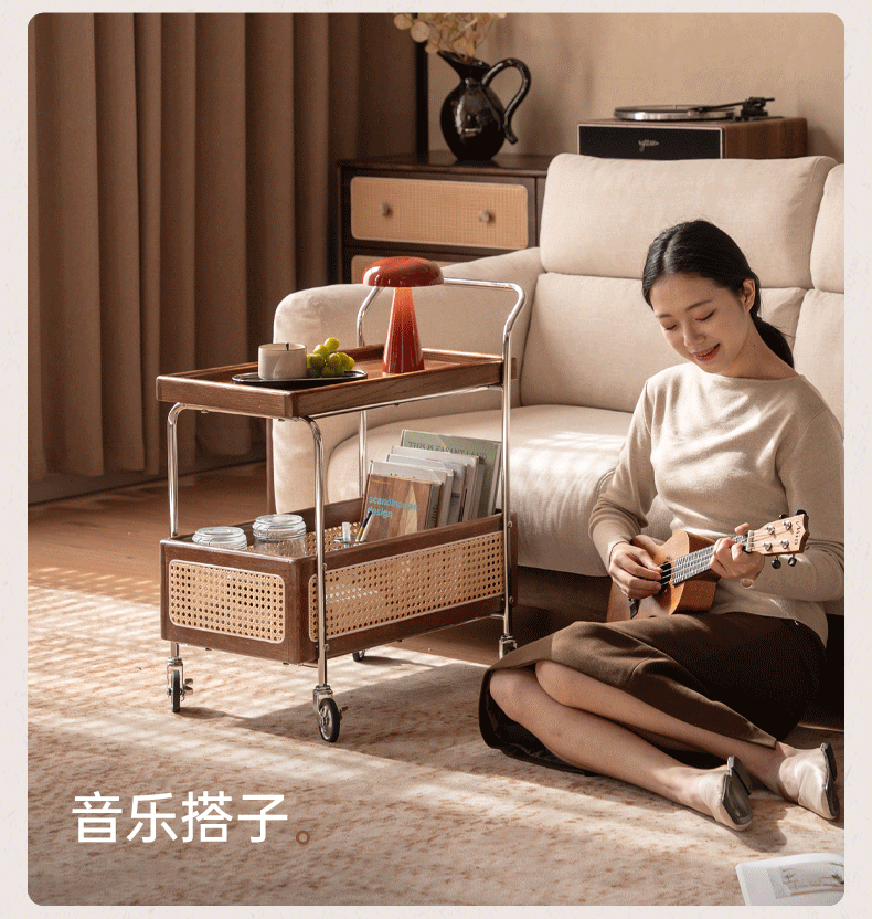 Oak Solid Wood Side Table with Double Layer Storage and Mobile Trolley