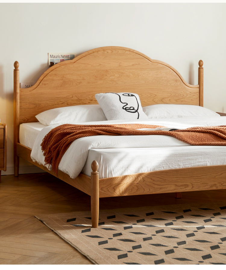 Cherry Solid Wood Bed with Arched Headboard and Turned Posts