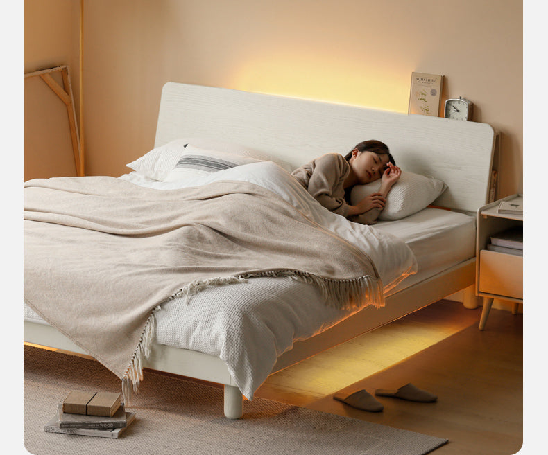 Oak Solid Wood Luminous cream Bed with shelf"