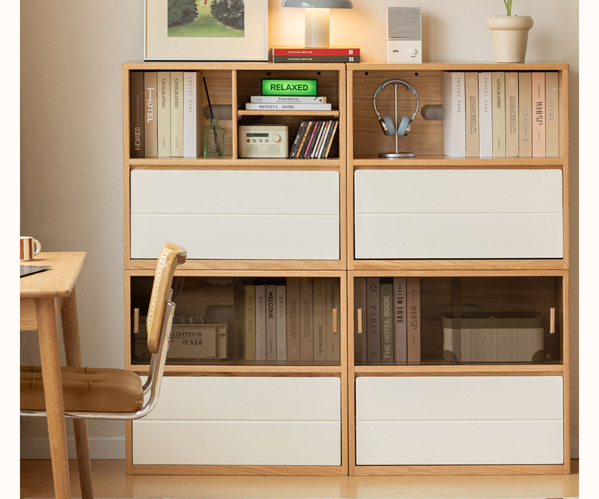 Oak Solid Wood Modular TV Cabinet System with Two-Tone Sliding Doors