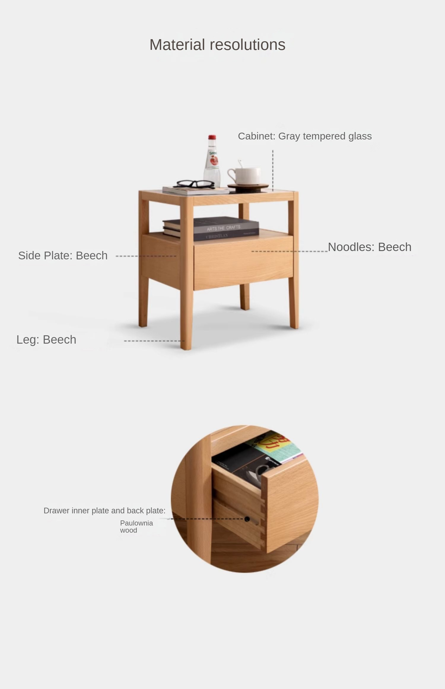 Beech solid wood bedside storage, small side table"