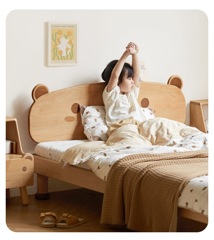 Beech Solid Wood Kids Bed with Bear-Shaped Headboard