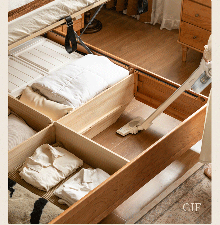 Cherry Solid Wood Box Bed with French Country Arched Upholstered Headboard and Spindle Posts