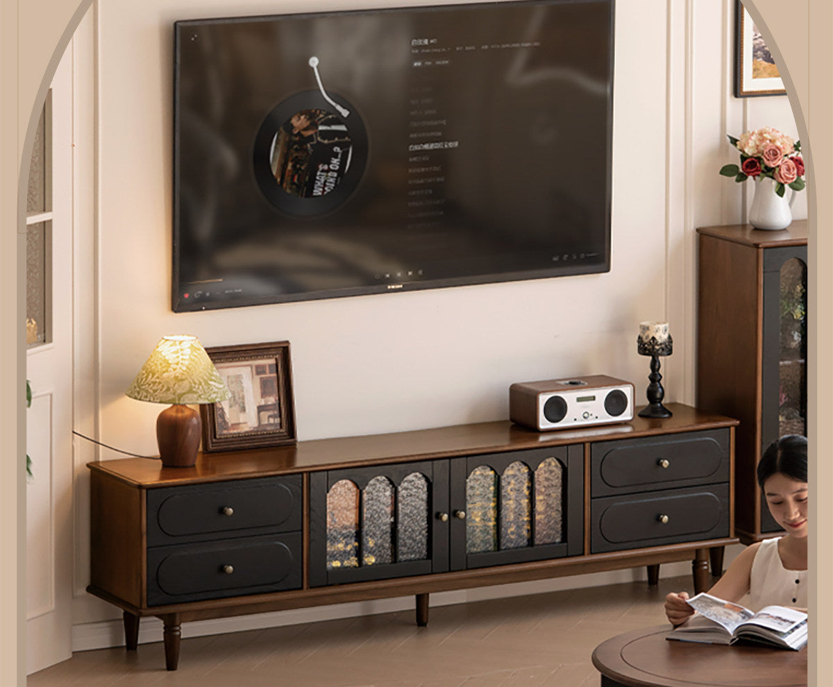 Black Walnut +ash Solid Wood  French Country TV Console with Arched Glass Doors