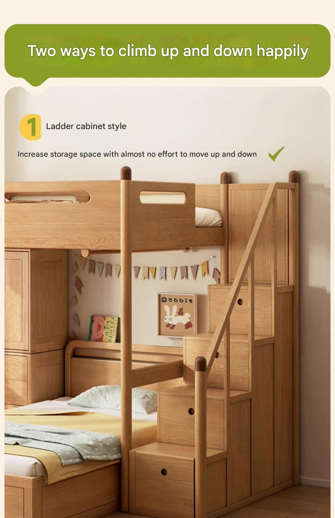 Oak solid wood Loft bed with cabinet