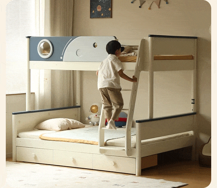 Rubberwood Solid Wood Spaceship-Themed Bunk Bed with Porthole Window