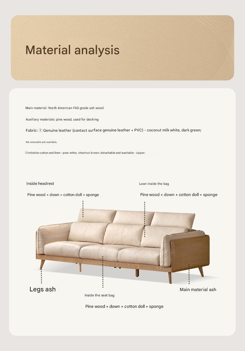 Ash Solid Wood high back Sofa genuine leather, fabric