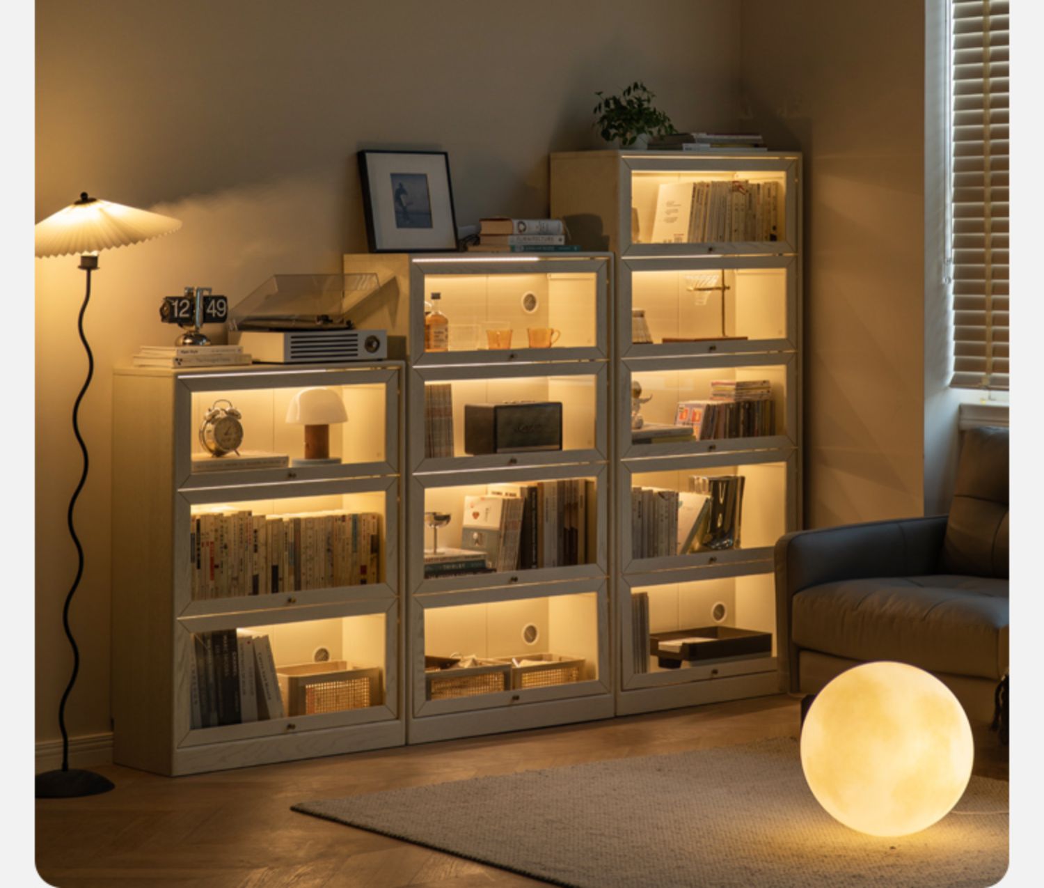 Oak solid wood bookcase cream flip door glass display cabinet -