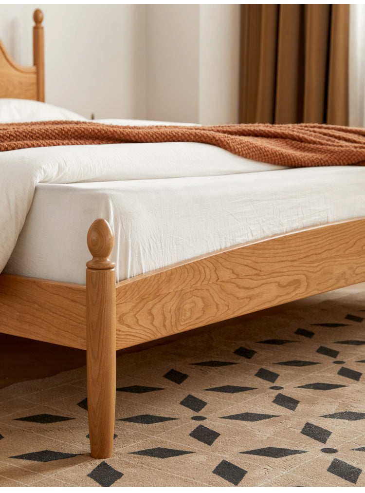 Cherry Solid Wood Bed with Arched Headboard and Turned Posts