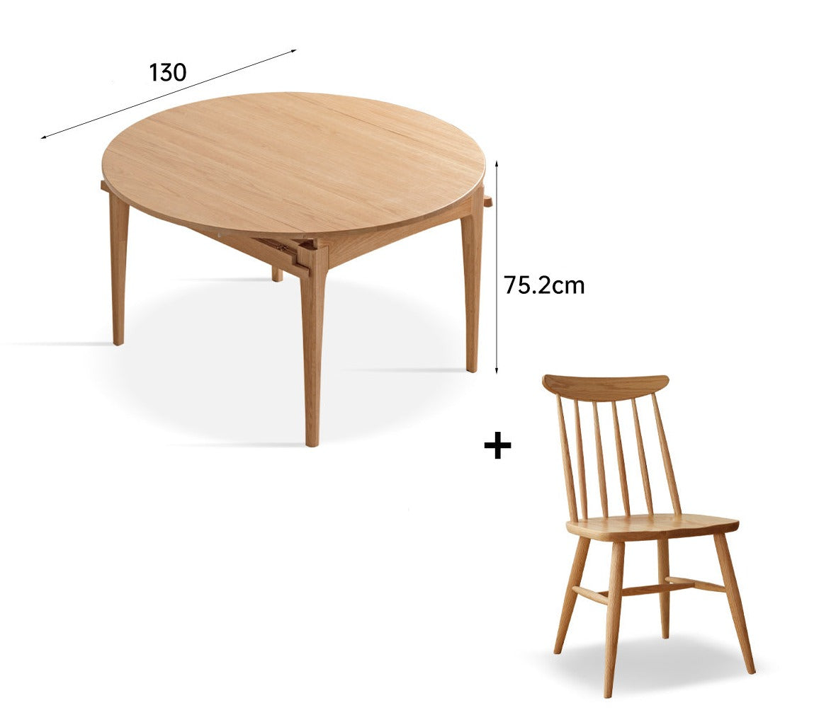 Round folding dining table with rock slab surface Oak solid wood-
