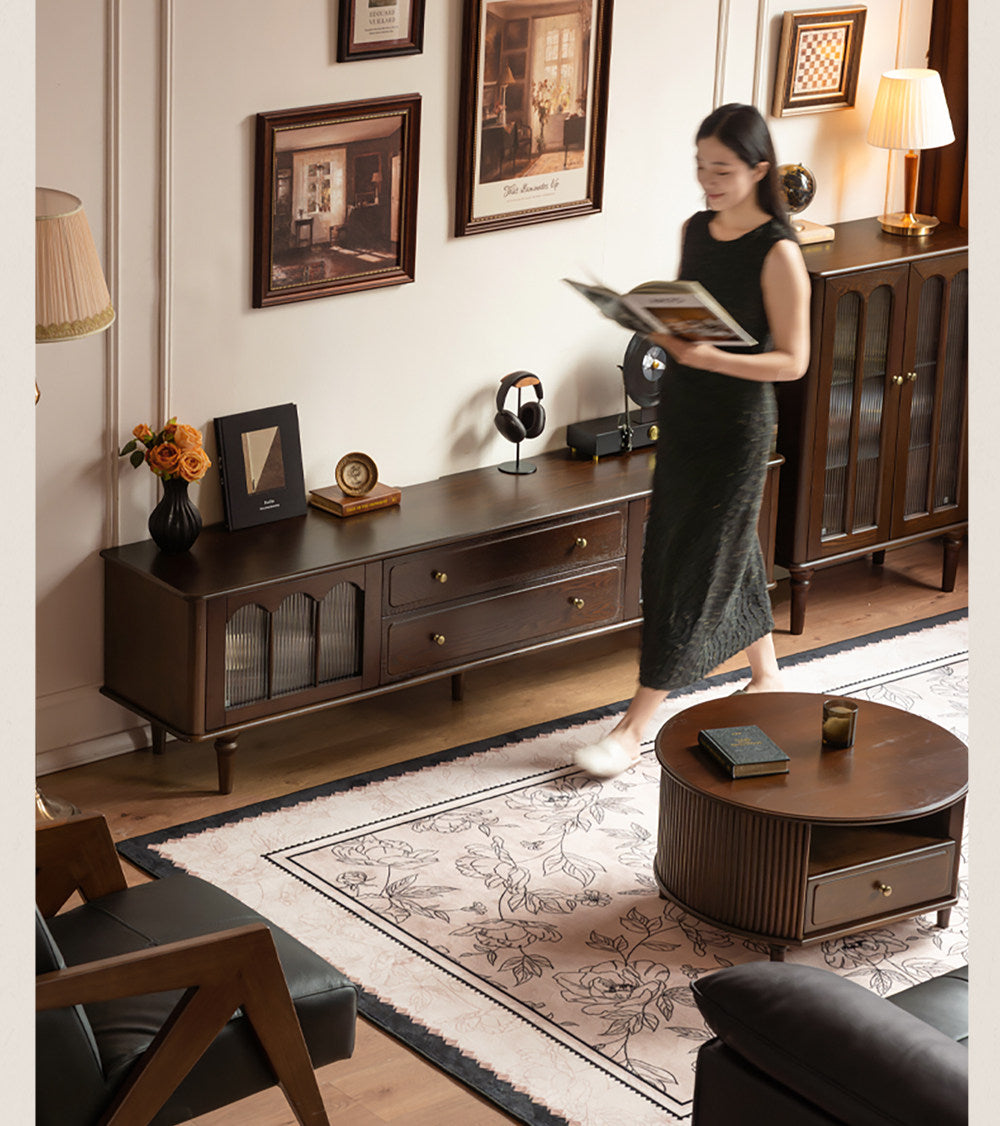 Ash Solid Wood TV Stand with American Retro Design and Tall Storage Cabinet