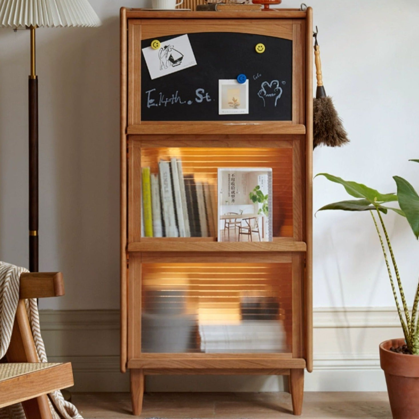 Solid Wood Flip Door Magazine Cabinet LED light -
