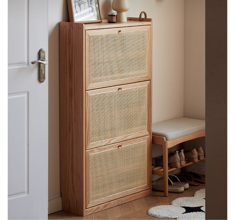 Oak Solid Wood Ultra-Thin Flap Door Rattan Shoe Cabinet