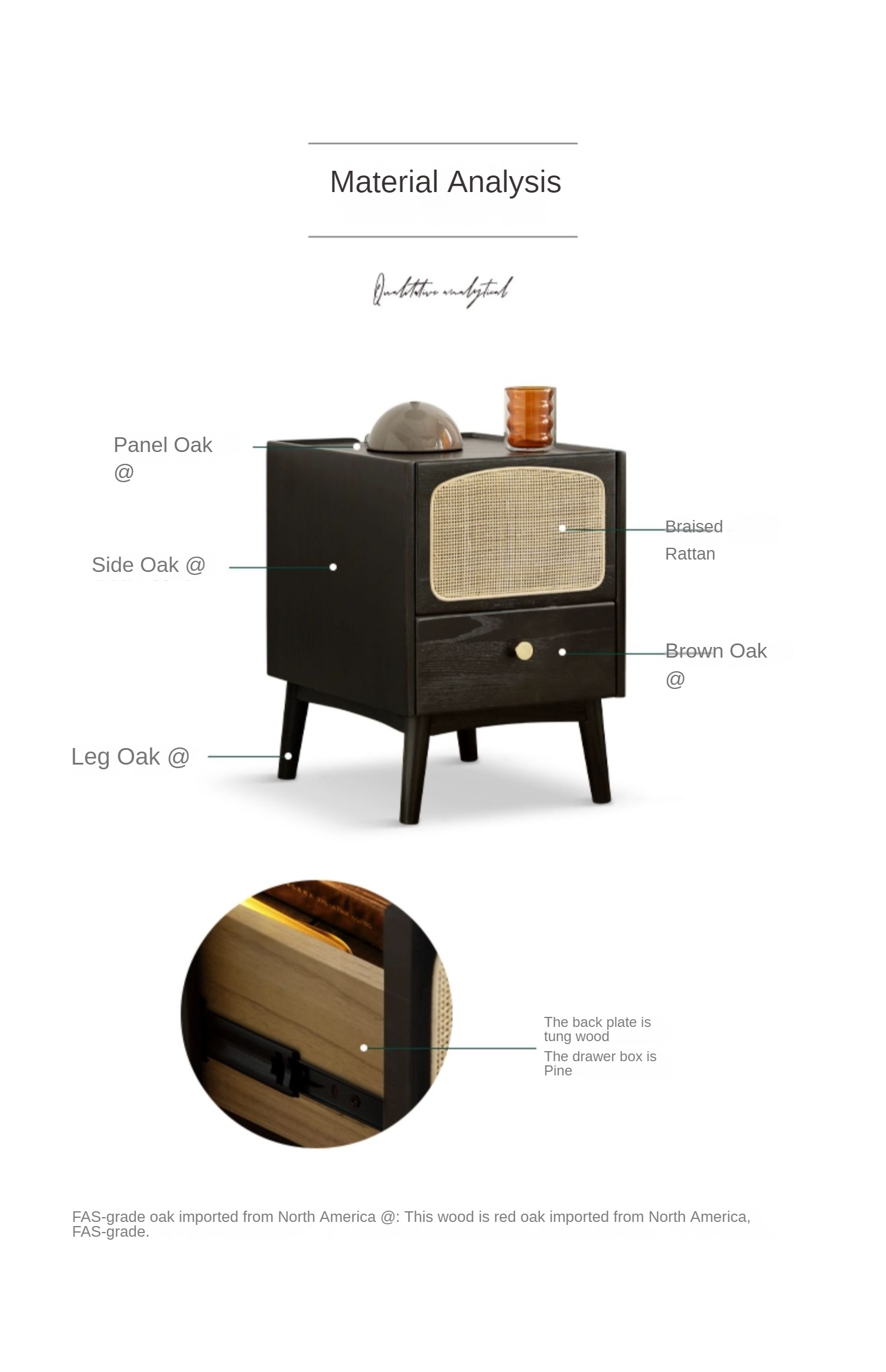 Oak solid wood nightstand rattan retro black-