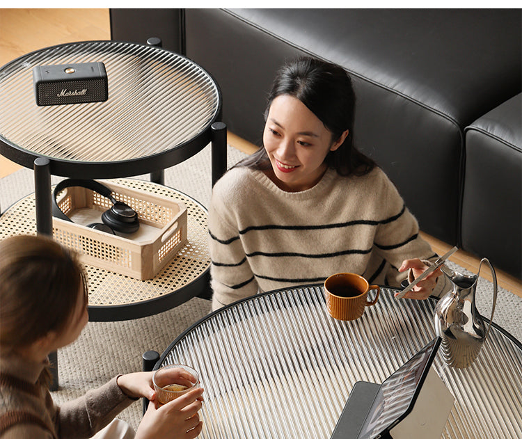 Oak Solid Wood Rattan Black Glass Round Coffee Table