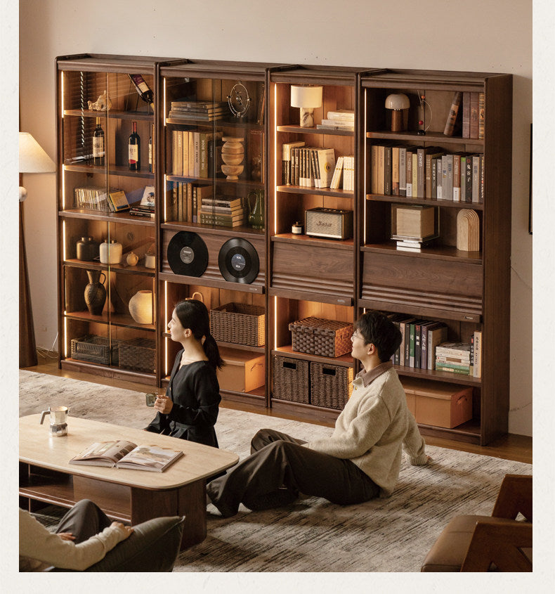 Black Walnut Solid Wood Combination Bookcase with Wall Storage and Floor Display