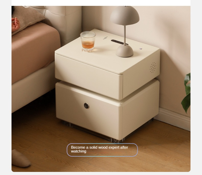 Poplar solid wood Smart nightstand Wireless Charging, Fingerprint Lock Storage Cabinet-