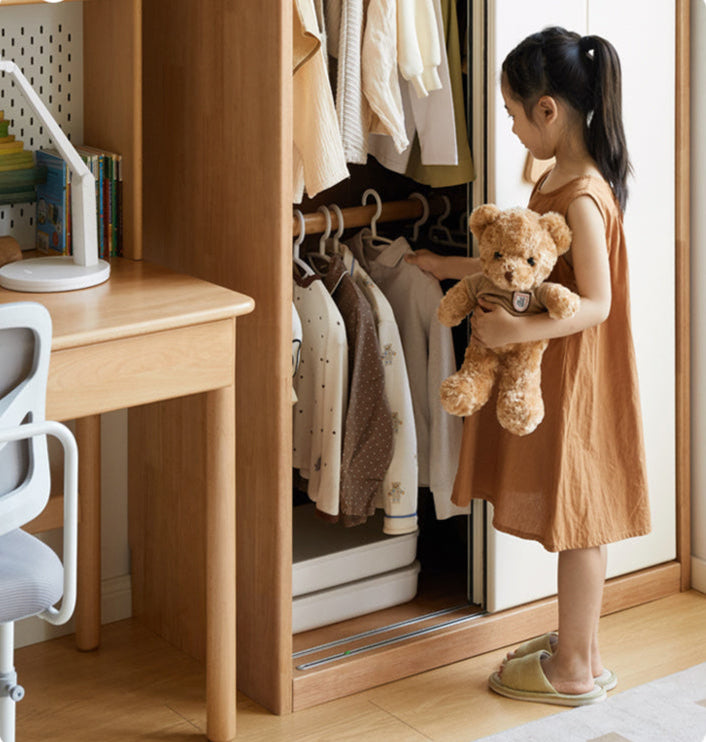 Solid Rubberwood Modern Children's Sliding Door Wardrobe