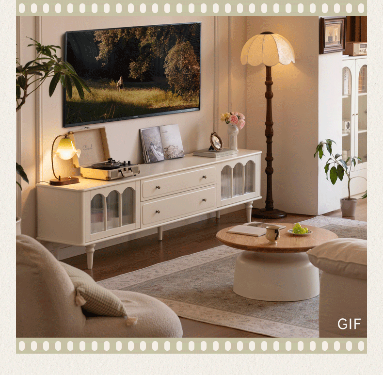 Solid Rubberwood TV Cabinet French Cream Style and Integrated Storage