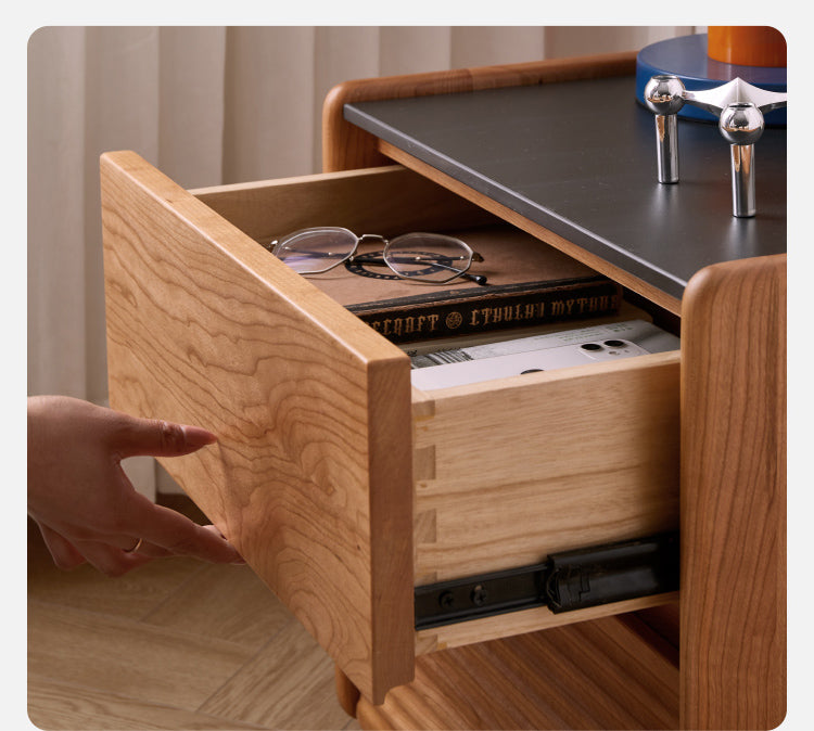 Cherry wood black slate nightstand storage cabinet-