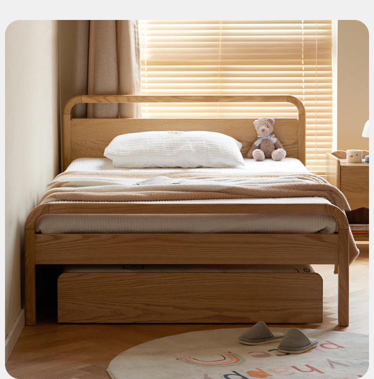 Oak solid wood small single bed with trolley Platform Bed, Headboard-Free Bed