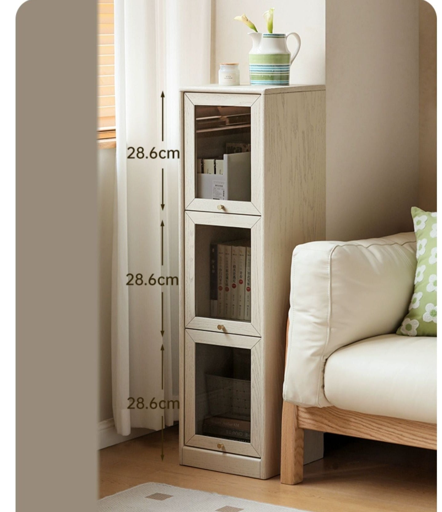 Oak solid wood flip-door bookcase cream style narrow cabinet-