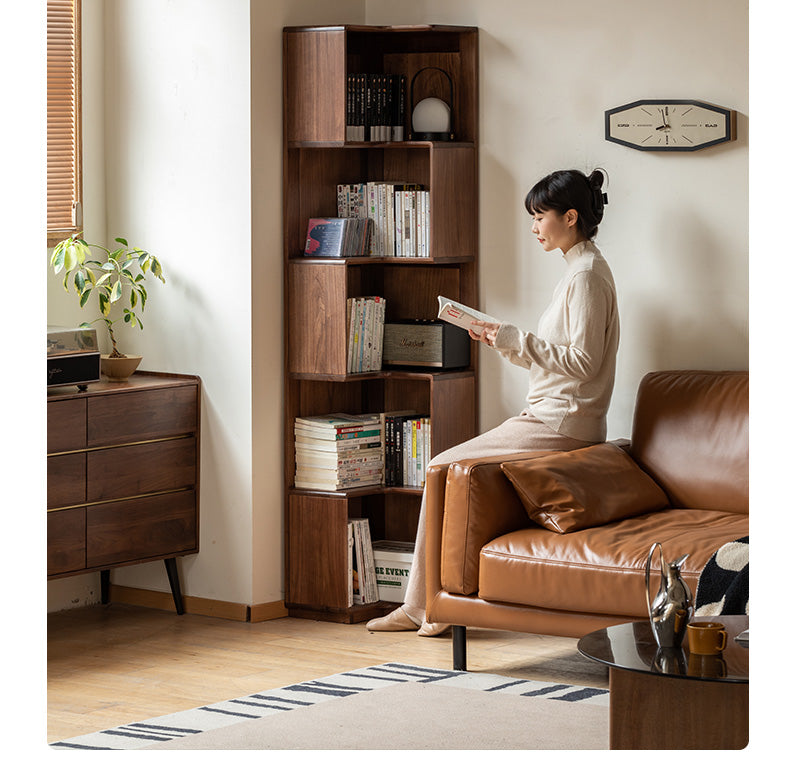 Black walnut solid wood corner storage bookcase<