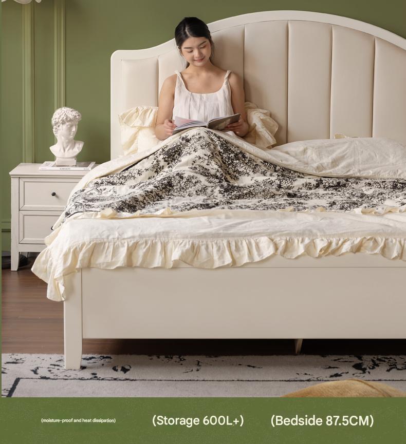 Rubber Solid Wood Arched Channel-Tufted Upholstered Storage Bed, Cream