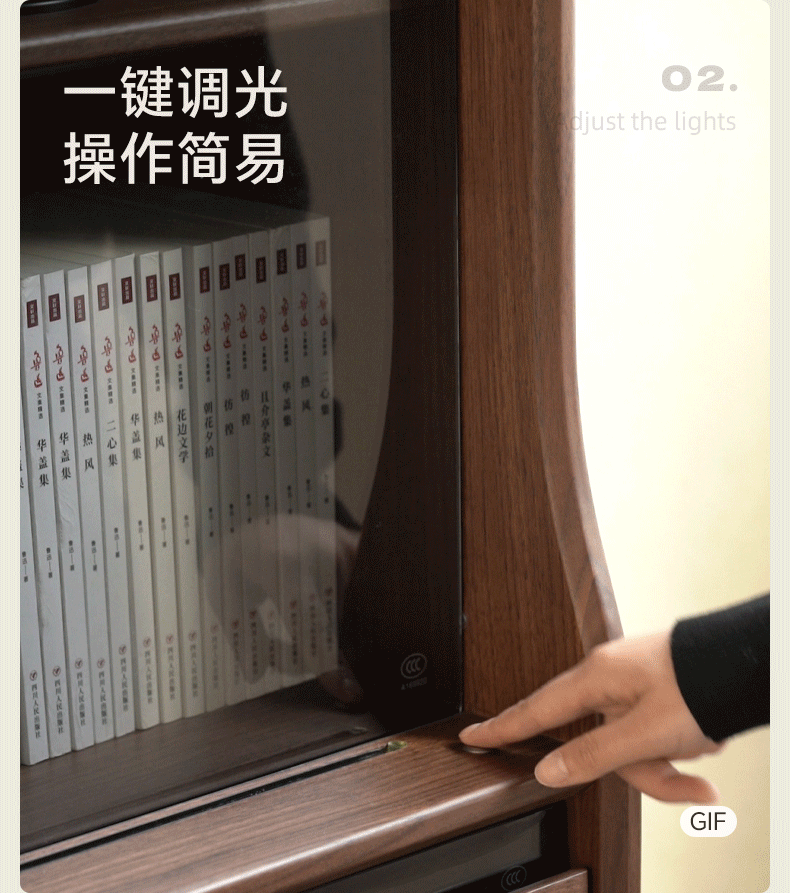 Black Walnut Solid Wood Bookcase with Interior Lighting