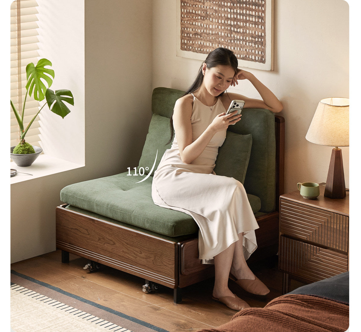 Black Walnut, Oak Solid Wood Sleeper Chair-sofa Bed with Attached Fold-Out Side Tray
