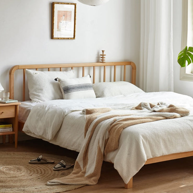 European Beech Solid Wood Bed Modern Simple _)