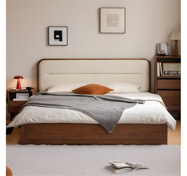 Oak Solid Wood Modern Genuine Leather, Organic Leather Storage Bed