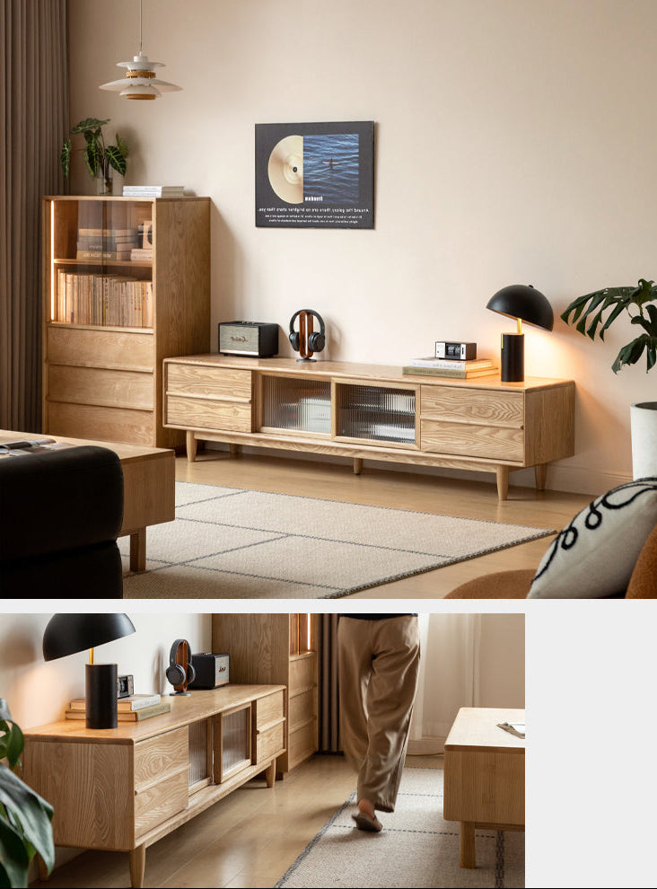 Ash Solid Wood Modern Log Style TV Cabinet