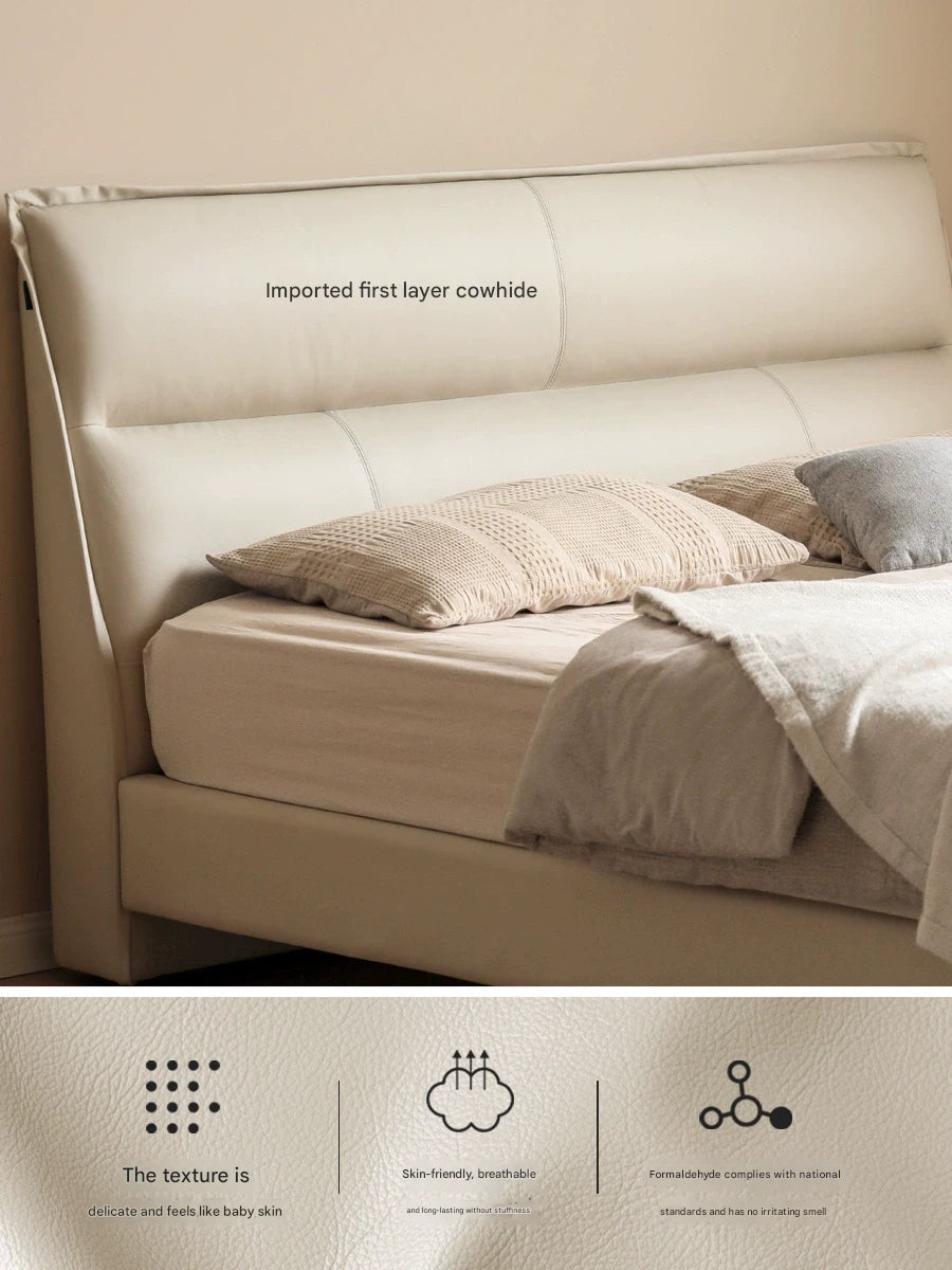 Genuine Leather Bed Cream first Layer Cowhide High Backrest Bed