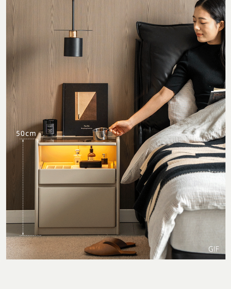 Rubberwood Solid Wood Taupe Nightstand with Tempered Glass Top, Built-In Outlet, and LED-Lit Organizer Drawer