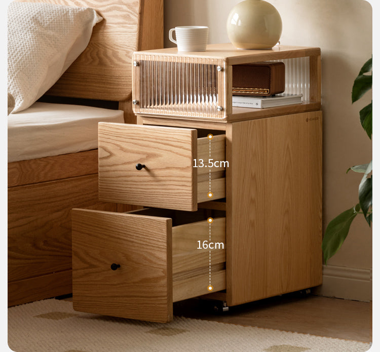 Oak Solid Wood wheel nightstand Narrow with Light-