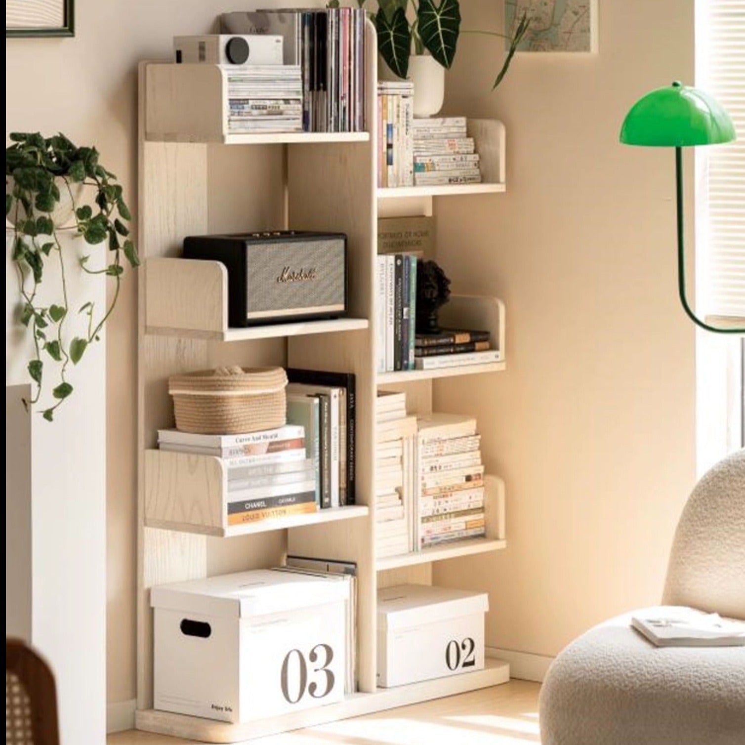 Oak Solid Wood Floor to Floor Cream Cactus Shelf Corner Bookcase Display"